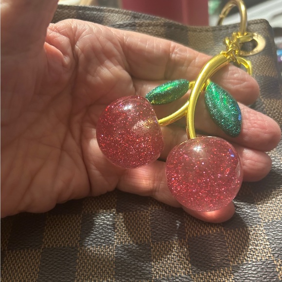 Vibrant Pink and Green Chunky Cherry Key Chain Purse Charm - Picture 1 of 3